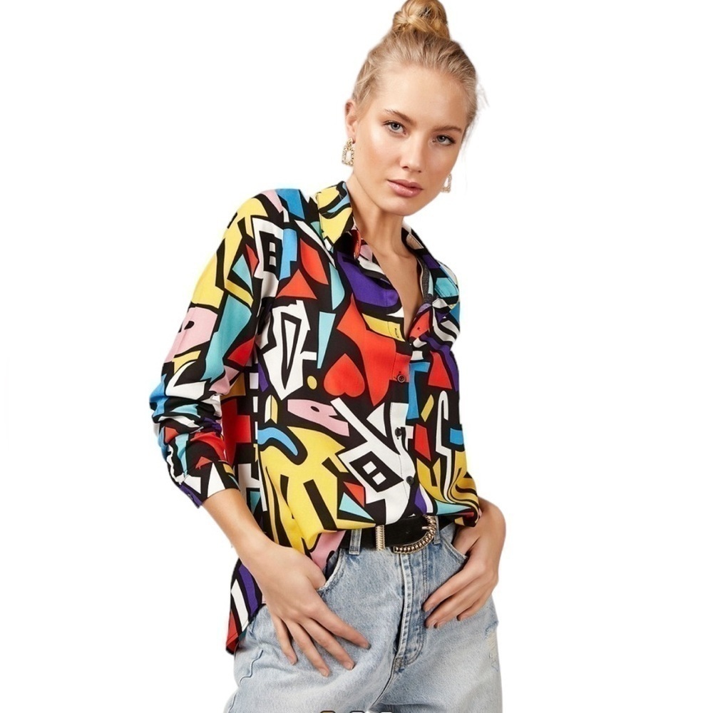 Big Dart Vintage 80s GEOMETRIC Pop Art Button Up Top Color Block Size Medium NWT - Picture 11 of 15
